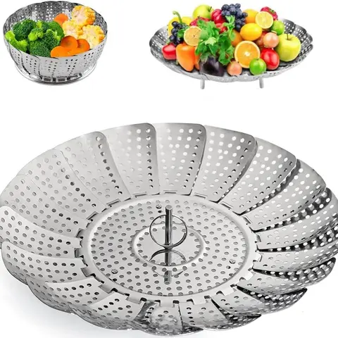 Stainless Steel Round Expandable Steamer Basket Insert with Handle - Collapsible Cookware Accessory, Heat-Resistant, Rust-Resistant, Dishwasher Safe, 5.5"-9.3" Rack for Versatile Steaming, Fold-Flat Compact Easy Storage