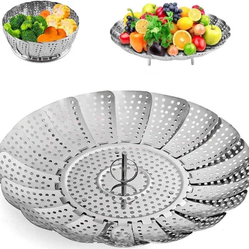Stainless Steel Round Expandable Steamer Basket Insert with Handle - Collapsible Cookware Accessory, Heat-Resistant, Rust-Resistant, Dishwasher Safe, 5.5"-9.3" Rack for Versatile Steaming, Fold-Flat Compact Easy Storage