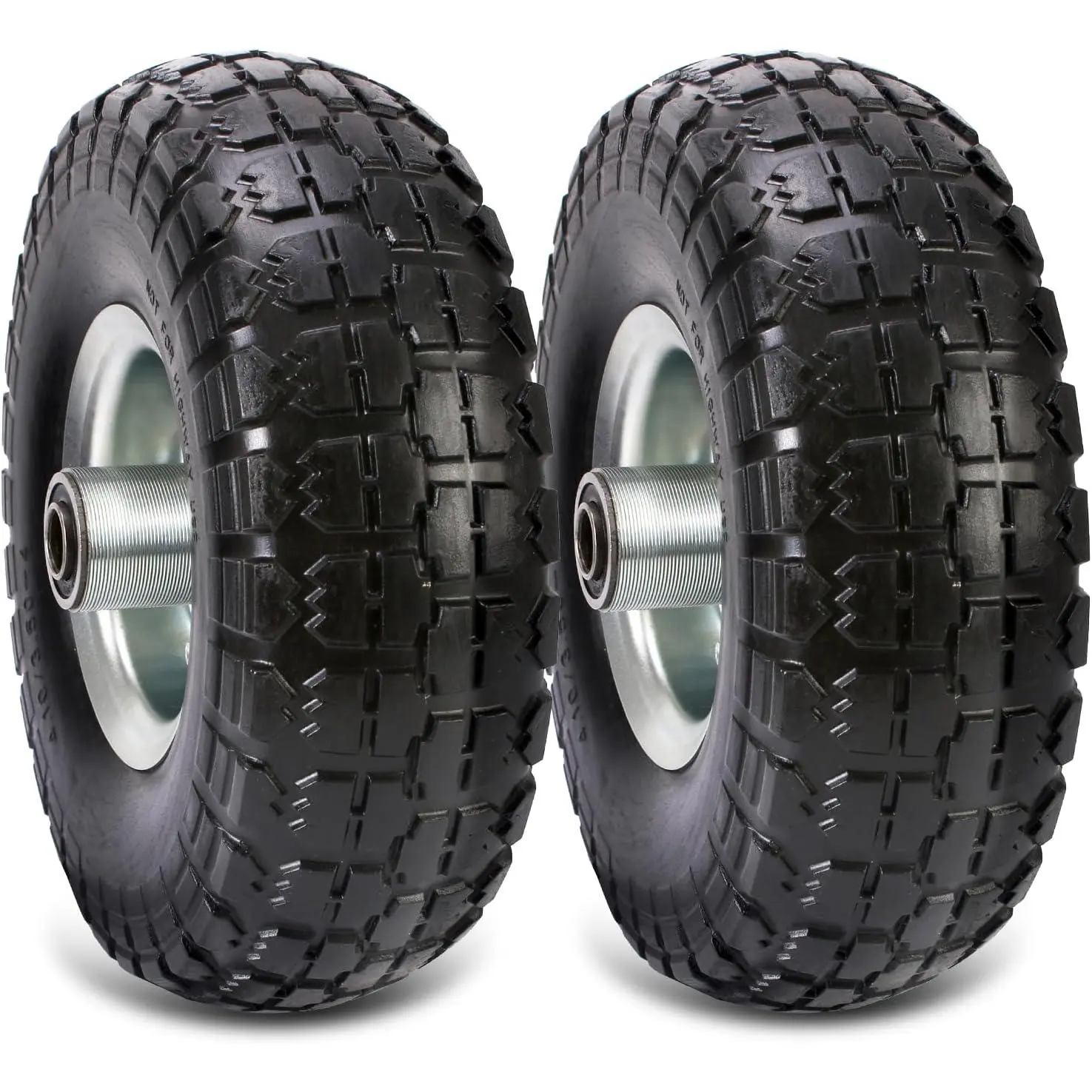 (2 Pack) Universal Synthetic Puncture-Proof Solid Wheels, 10-in 4.10/3.50-4 Flat-Free Polyurethane Tires with 5/8-in Bearings, 2.2-in Offset Hubs for Lawn Mower, Wagon