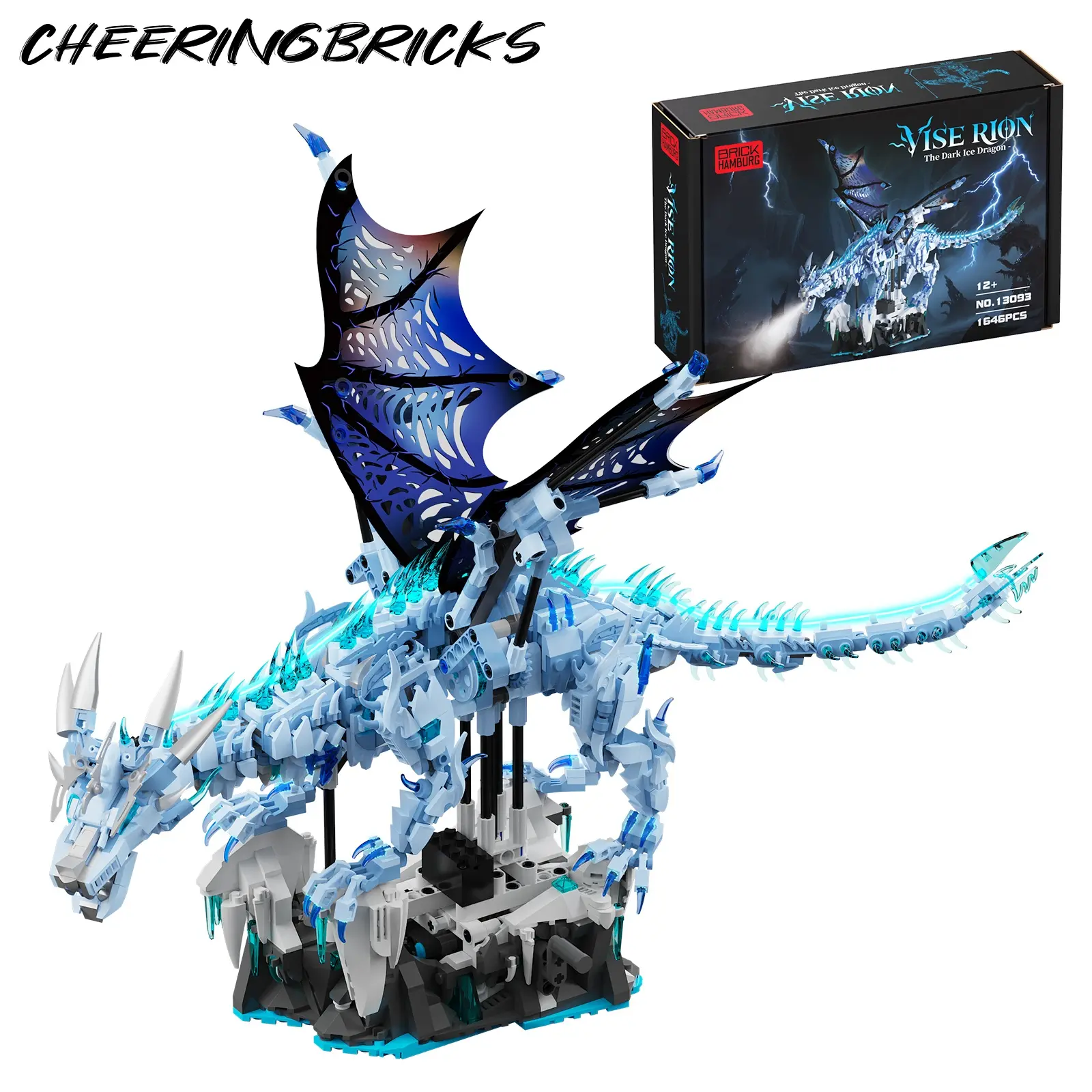 Mechanical Ice Dragon Building Toy Set, featuring LED lights, movable interlocking gears, a fantasy-style dragon model set, consisting of 1646 parts. Suitable for teenagers and adults. Ideal for graduation gifts or party/birthday gifts.