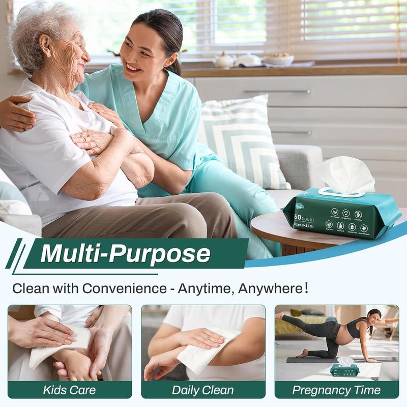 720 Count (12 Packs of 60) Wipes for Adults, 8" X 12" Extra Large Wipes for Incontinence & Cleansing, Body Wipes Bath Wipes - Disposable Shower Wipes for Elderly Bathing No-Rinse - Vitamin E & Aloe AOZITA