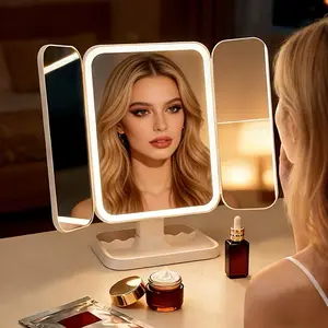 Adjustable LED Light 3 Way Mirror Portable Trifold for Shaving Grooming Hair Styling Dye Makeup Braiding 360 Degree High-Definition with Magnification Feature