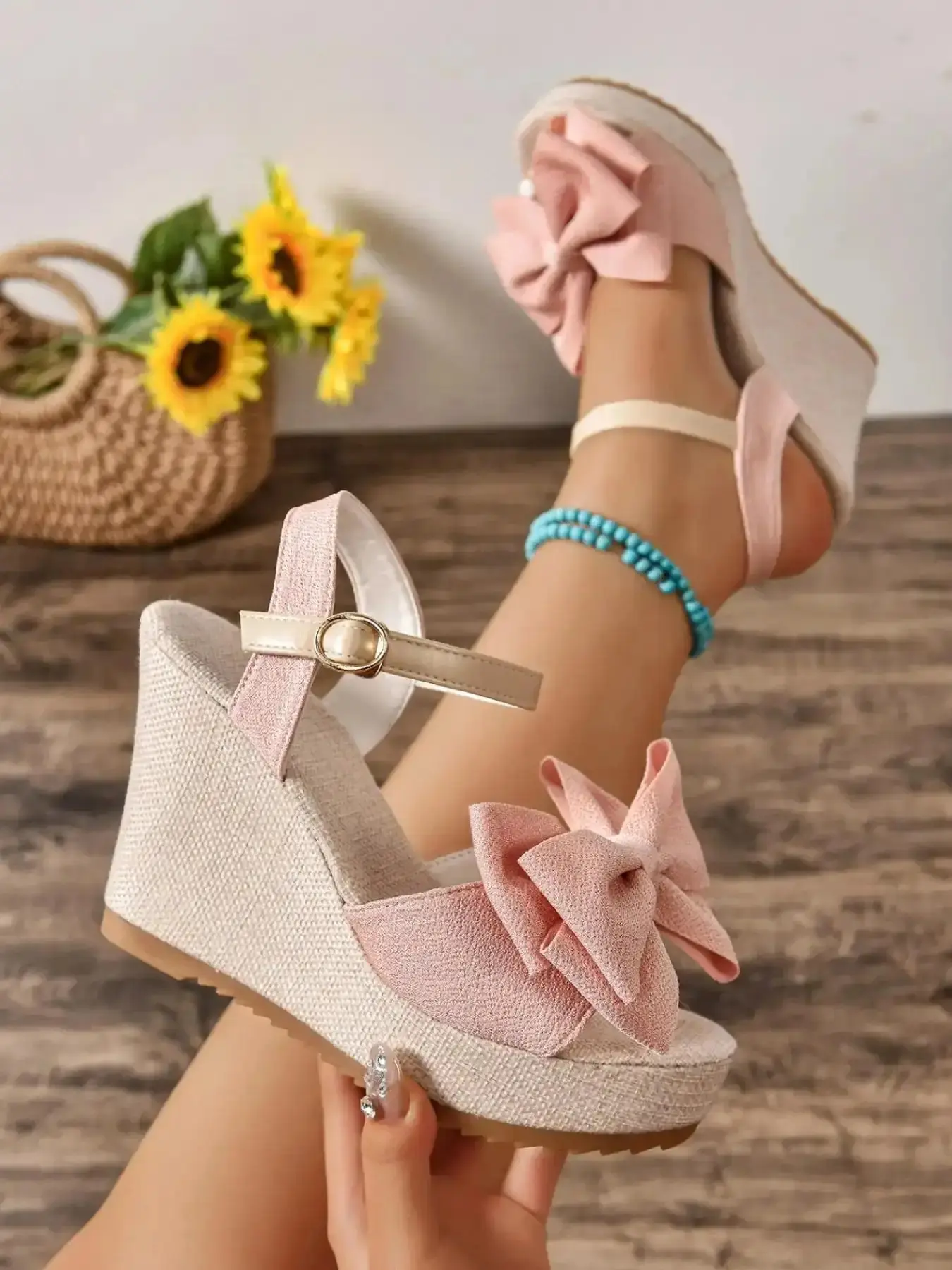 Women's Vintage Wedge Design Sandals, Thick Sole Fish Mouth Roman Shoes, Textile Upper, Round Toe, Casual Spring & Fall Footwear, High Heels, Bottom classic everyday essential versatile style comfort wear wardrobe