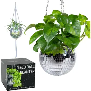 SCANDINORDICA Disco Ball Planter – Value Package: Mirror Disco Planter with Chain, Macrame Hanger and Acrylic Stand for Desk, Includes Self Watering Insert, Disco Ball Decor | 6 Inch Silver SCANDINORDICA