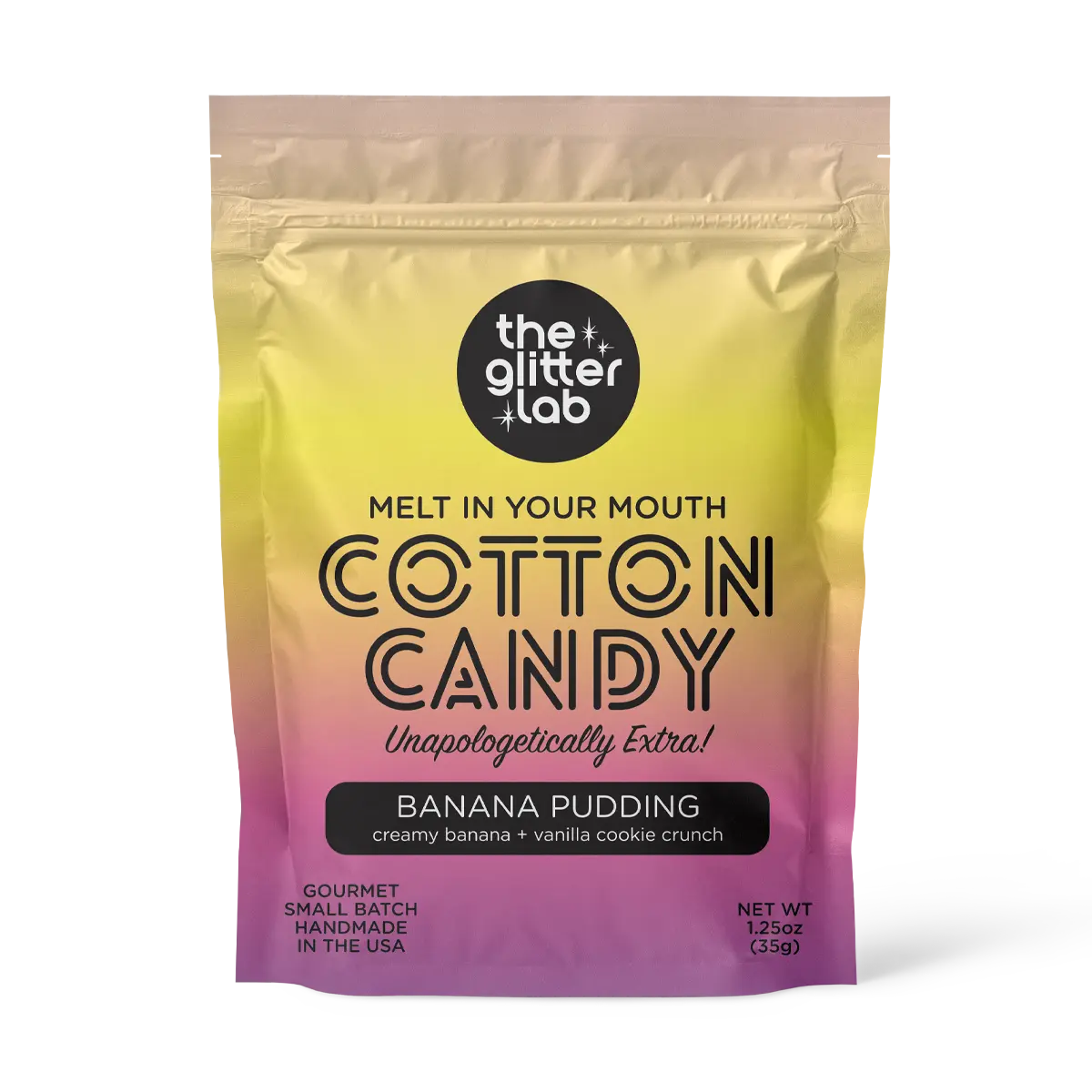 The Glitter Lab Banana Pudding Cotton Candy - Creamy Banana & Vanilla Cookie Crunch Snack - Gourmet Small Batch Handmade in the USA