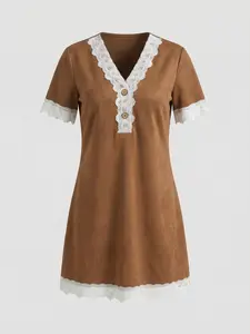 Women's Western Cowgirl Style Summer Fall Brown Faux Suede Dress, V-Neck White Lace Trim Short Sleeve Slim Fit, For Country Music Festival Rodeo Concert