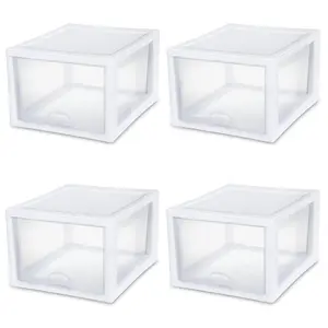 Sterilite 27 Quart Clear & White Plastic Storage Bin with One Drawer, 12 Pack