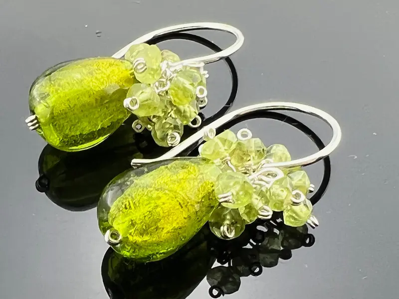 Green Foil Glass & Peridot · Cluster Earrings · 925 Sterling Silver · Sparkling Gemstone Dangles · Handmade Gift for Her