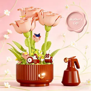 LED Light Up Roses Flower Bouquet Building Set - Forever Flower Pot with Sprayer, DIY Everlasting Bouquet Desk Decor, Unique Mother's Day Gift for Mom/Women