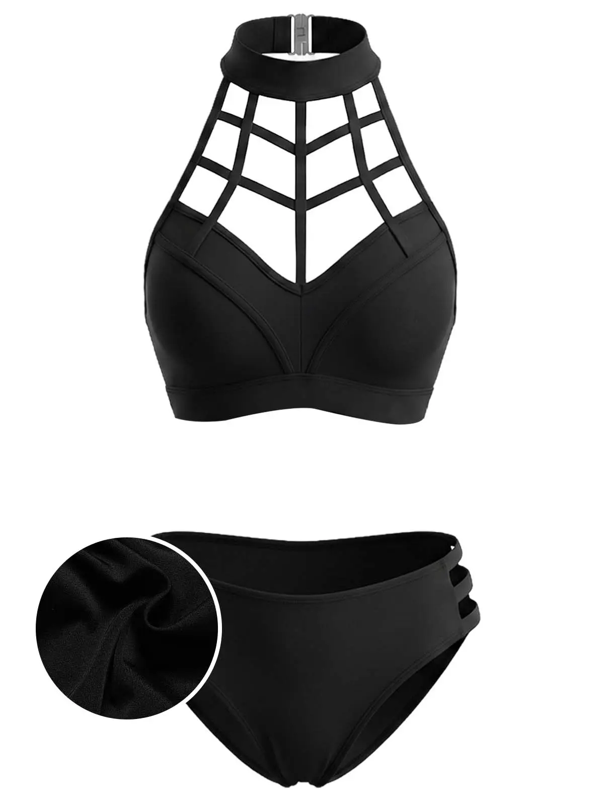 Black 1970s Caged Halter Gothic Cutout Bikini Set Black 1970s Caged Halter Gothic Cutout Bikini Set