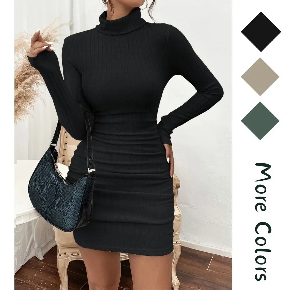 Women's Casual Sweater Dress Turtleneck Ribbed Bodycon Long Sleeve Mini Knit Dresses Fashion