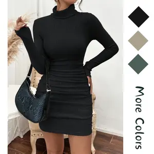Women's Casual Sweater Dress Turtleneck Ribbed Bodycon Long Sleeve Mini Knit Dresses Fashion