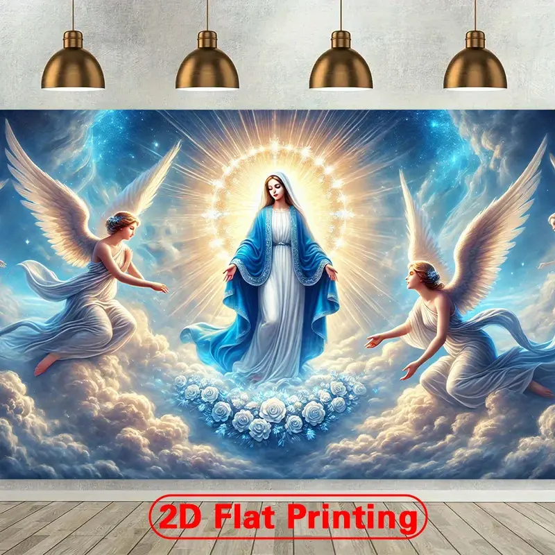 Glam Soft & Durable Polyester Virgin Mary Print Wall Tapestry - 1pc Large 96x72in/243.84x182.88cm 2D Flat Crowned Heavenly Glory Backdrop, Angels, Stars, No Electricity Needed, Ideal for Indoors Living Room Holiday Decor Gifts