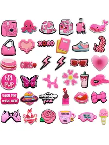 37 Pcs Cute Pink Series Girl's Favorite Shoe Accessories, Cartoon Pattern Buckles for Flat Shoes, High-Quality Trendy Gift Idea, Decor, Cute Shoe Charms