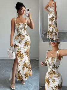 New Women's Fine Strap Bow Waist Ruched Hem Slit Floral Plant Design Dress, Casual Fitted Party Daily Wear, Tall Slimming Elegant Dress