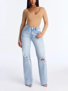 A Secret High Rise Ripped Stretch Straight Leg Jeans - Light Wash