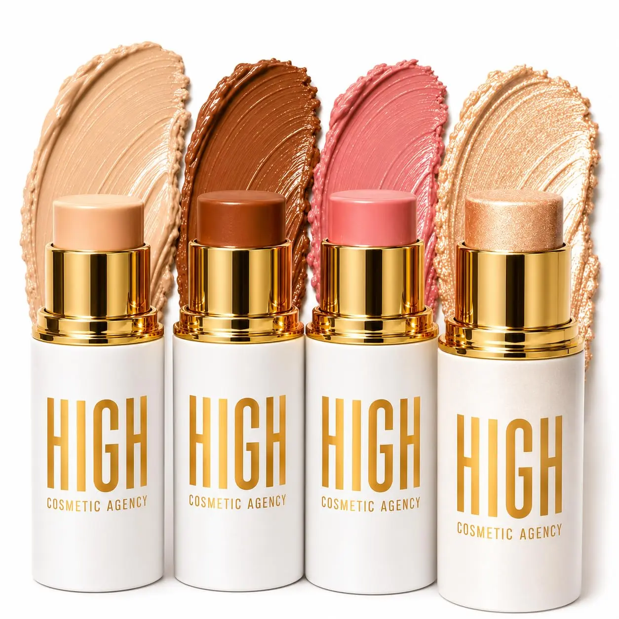 HIGH Cosmetic Agency Golden Cream Contour Makeup Kit – 4-Piece Set: Contour, Concealer, Blush & Highlighter | Blendable Sticks for Sculpting & Highlighting | Vegan