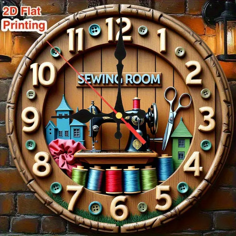 9.8'' Vintage Sewing Machine Wall Clock - Silent Quartz Movement with Mechanism, Retro Sewing Room Decor, Artificial Wood Round Clock Suitable for Home, Craft Room, Dorm - Durable Non-Lit Gift for Sewing Enthusiasts, 2D Flat