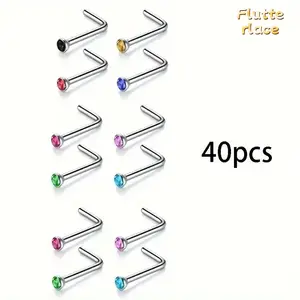 40PCS Bohemian Colorful Zirconia Stainless Steel Nose Stud Set, Shiny Nose Piercing Jewelry Collection, Hypoallergenic Nose Rings & Studs for Women, Trendy Daily Wear, Beach Vacation & Travel Accessories