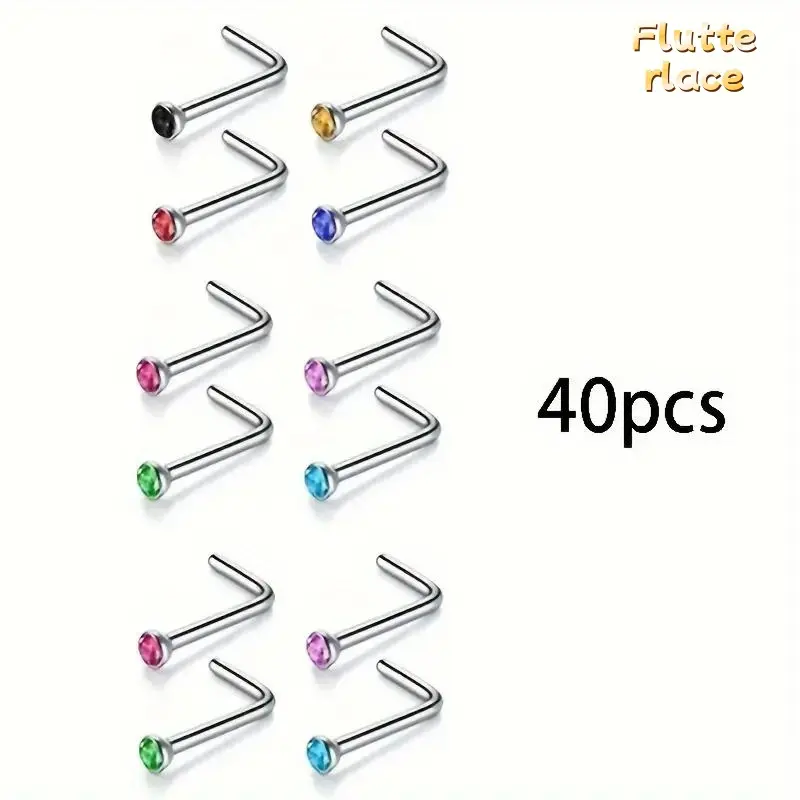 40PCS Bohemian Colorful Zirconia Stainless Steel Nose Stud Set, Shiny Nose Piercing Jewelry Collection, Hypoallergenic Nose Rings & Studs for Women, Trendy Daily Wear, Beach Vacation & Travel Accessories