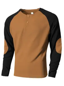 Men's Outdoor Casual Fitted Breathable Long-Sleeve Waffle-Knit Crew Neck Raglan Sleeve Color-Block Sweatshirt Top for Spring & Autumn