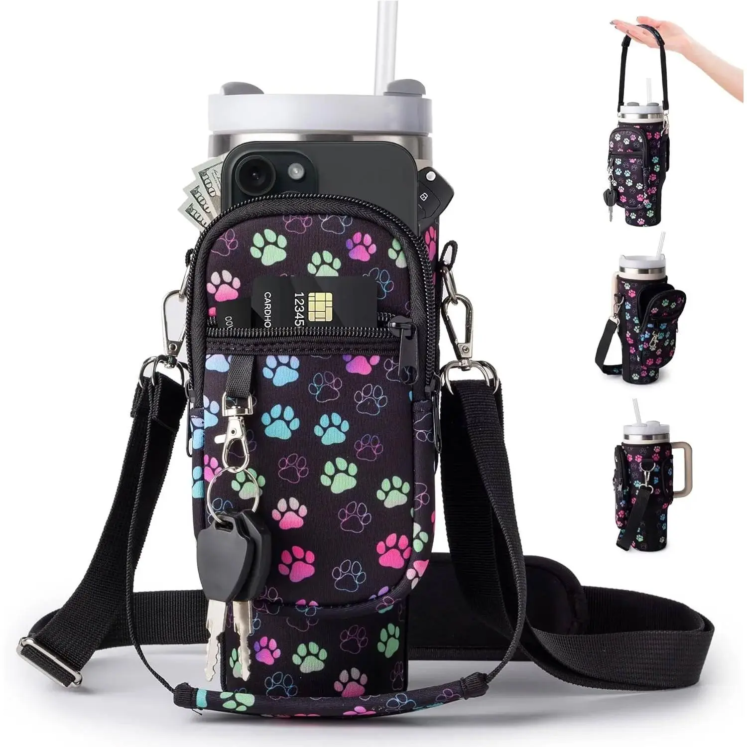 Water Bottle Carrier Bag with Phone Pocket for Stanley Cup 40/30oz,Insulated Neoprene Water Bottle Holder Cross-body Carrier Bag with Adjustable Shoulder & Handheld Strap Drinkware Tumbler