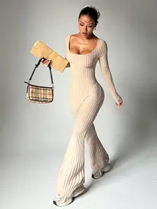 Women's Large U-Neck Long Sleeve Spring Summer Knit Wide Ribbed Texture Athletic Yoga Jumpsuit, Casual Fashion Home Commute Wear