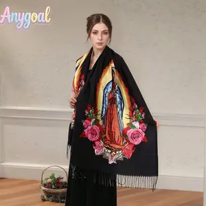 Anygoal Elegant Printed Polyester Scarf with Tassel Fringe,Traditional Mexican Dress  Shawl Wrap for Women, Windproof & Warm, Perfect for Parties & Catholic Gifts for Women, Floral Print Shawl, Tassel Decor Shawl Regalos Para Mujer Mamá Abuelita Mi Esposa