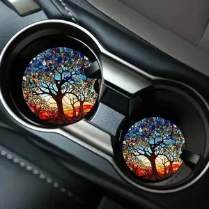 Tree Pattern Car Coasters, Round Anti-slip Car Cup Holder Pad, Car Interior Decoration Accessories for Women & Men, Decal, Automotive, Car Accessory, Car Interior Kit, Sticker For Cars, Car Ornament, Car Interior Decorative, Car Interior Ornaments