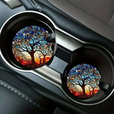 Tree Pattern Car Coasters, Round Anti-slip Car Cup Holder Pad, Car Interior Decoration Accessories for Women & Men, Decal, Automotive, Car Accessory, Car Ornament, Aesthetic Car Accessory