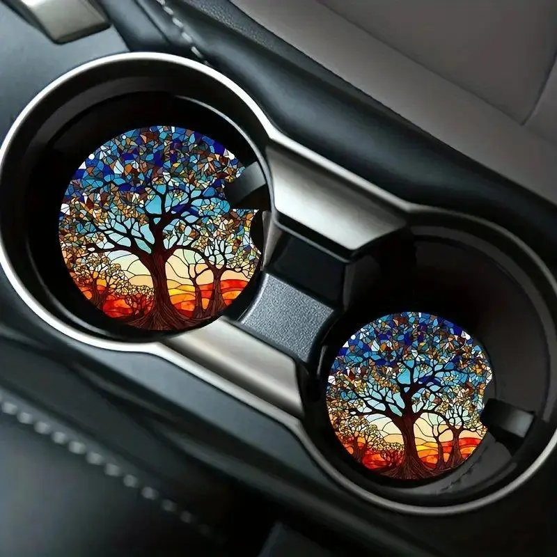 Tree Pattern Car Coasters, Round Anti-slip Car Cup Holder Pad, Car Interior Decoration Accessories for Women & Men, Decal, Automotive, Car Accessory, Car Ornament, Aesthetic Car Accessory