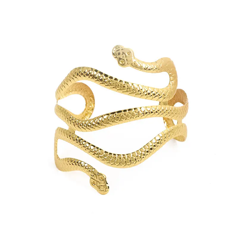 Punk-style snake head arm bracelet, metal exaggerated open snake-shaped wrap-around wrist accessory in gold and silver colors