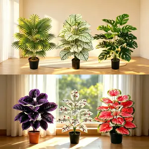 Artificial Plants Set of 6, Fake Palm Tree, Variegated Caladium, Monstera, Purple Leaf Plant, White Red Taro, Red Heart Caladium, Faux Tropical Potted Plants for Home Living Room Office Indoor Decor, Realistic Faux Greenery Decorations