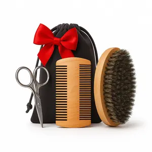 Beard Care Kit for Men Complete Grooming Set with High-Quality Brush Double-Side Comb & Stainless Steel Scissors 100% Natural Materials Velvet Travel Pouch Compact Portable Husband Gift