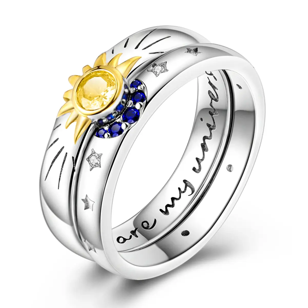 MULA Universe Galaxy Ring Set | 925 silver plated sun and star design, plated with platinum and gold | Engraved "You are my universe" | Perfect gift f