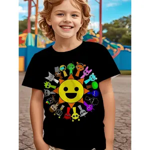 Boys' "SPRUNKI" Cartoon Characters 3D Print T-Shirt - Casual Crew Neck, Regular Fit, Slight Stretch Knit Polyester Fabric, Quick Dry Summer Tee for Weekend Casual Wear