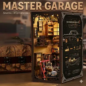 Vintage Garage DIY Book Nook Kit with LED Light, 3D Wooden Diorama Miniature House, Retro Bookshelf Insert Decor Desk Ornament