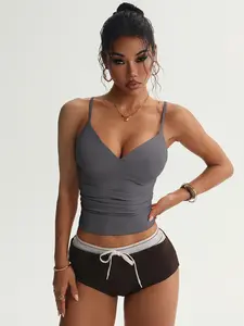 Women's Solid V-Neck Backless Adjustable Cami Tank – Stretchy Sleeveless Sports & Casual Everyday Top