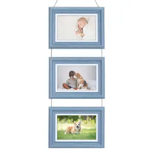 REGALWOVEN Hanging Collage Picture Frames, Photo Rustic Frame with Rope for Wall Decor 4x6 Inch Blue Three Horizontal