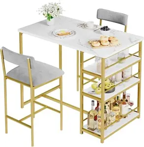 3 Piece Modern Bar Table Set for 2, Space Saving Counter Height Dining Table with Storage Shelves & Upholstered Chairs, Dining Room Furniture for Breakfast Nook Kitchen, Gold