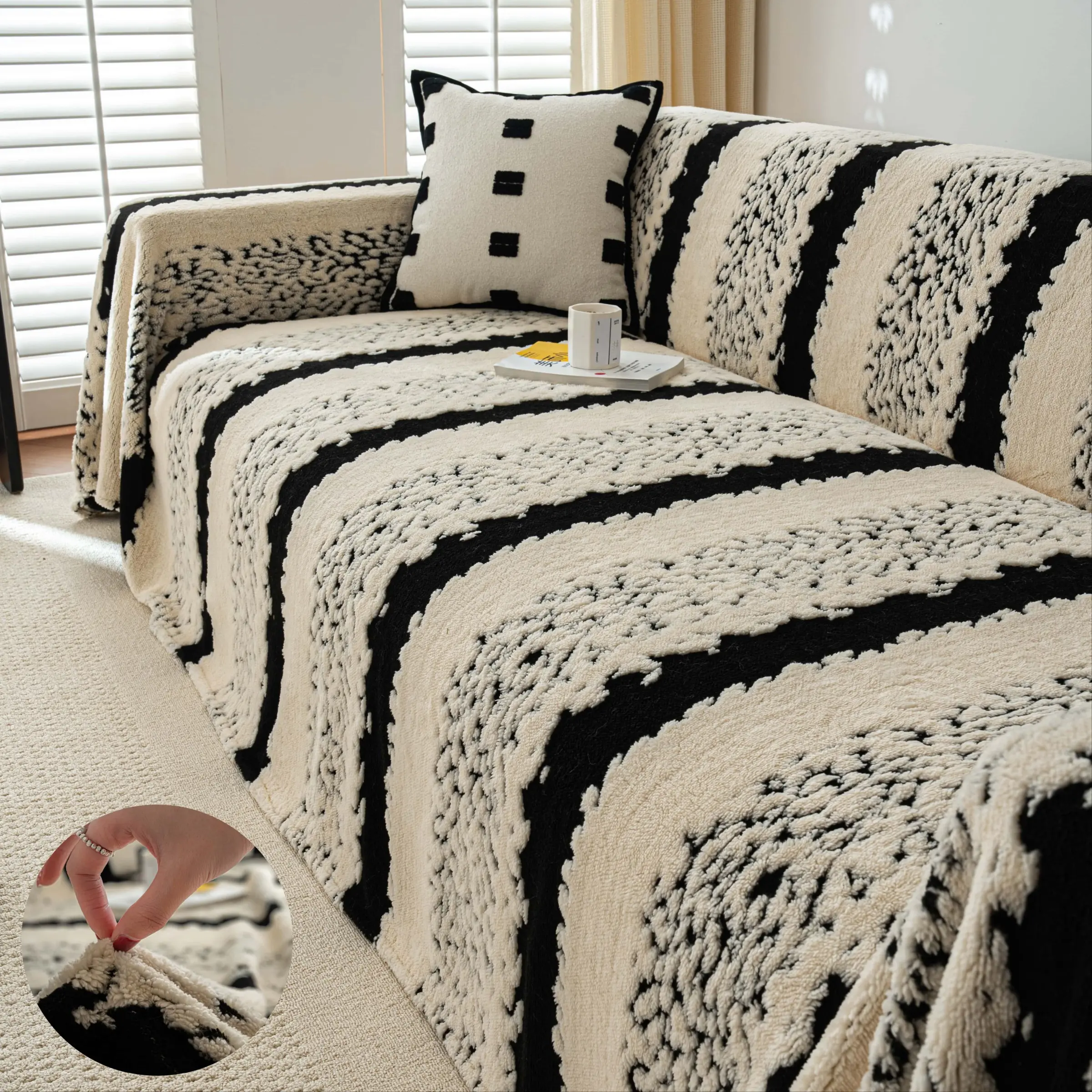 1PC Boho Textured Sofa Couch Covers – Sofa Slipcover Decorative Couch Cover, Couch Protectors for All Seasons, Pet-Friendly & Machine Washable, Non-Slip Woven Sofa Protector for Living Room, Bedroom, Office or Apartment Use
