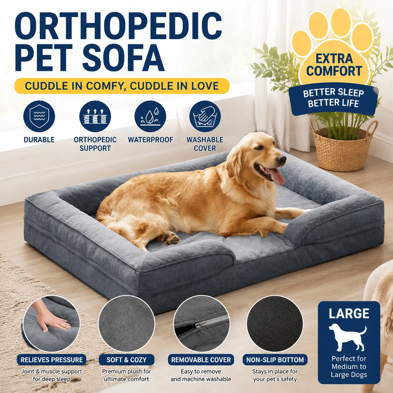 Orthopedic Dog Bed for Large Dogs – US East Coast Warehouse – Egg Crate Foam with Waterproof Inner Liner & Non-Slip Bottom, Machine Washable Removable Cover, Available in Multiple Colors & Sizes
