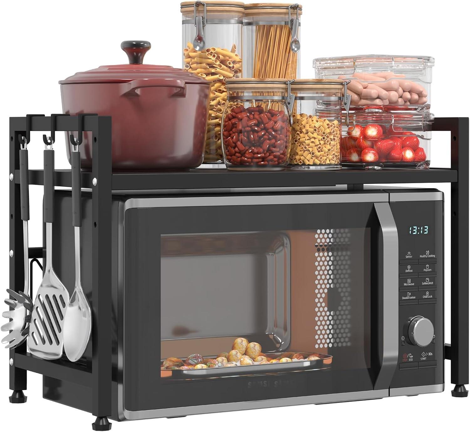 Extendable Microwave Oven Stand, Adjustable Microwave rack Toaster Shelf, Heavy Duty Rack 2 Tier Kitchen Counter Top Organizer with 6 Hooks for Kitchen