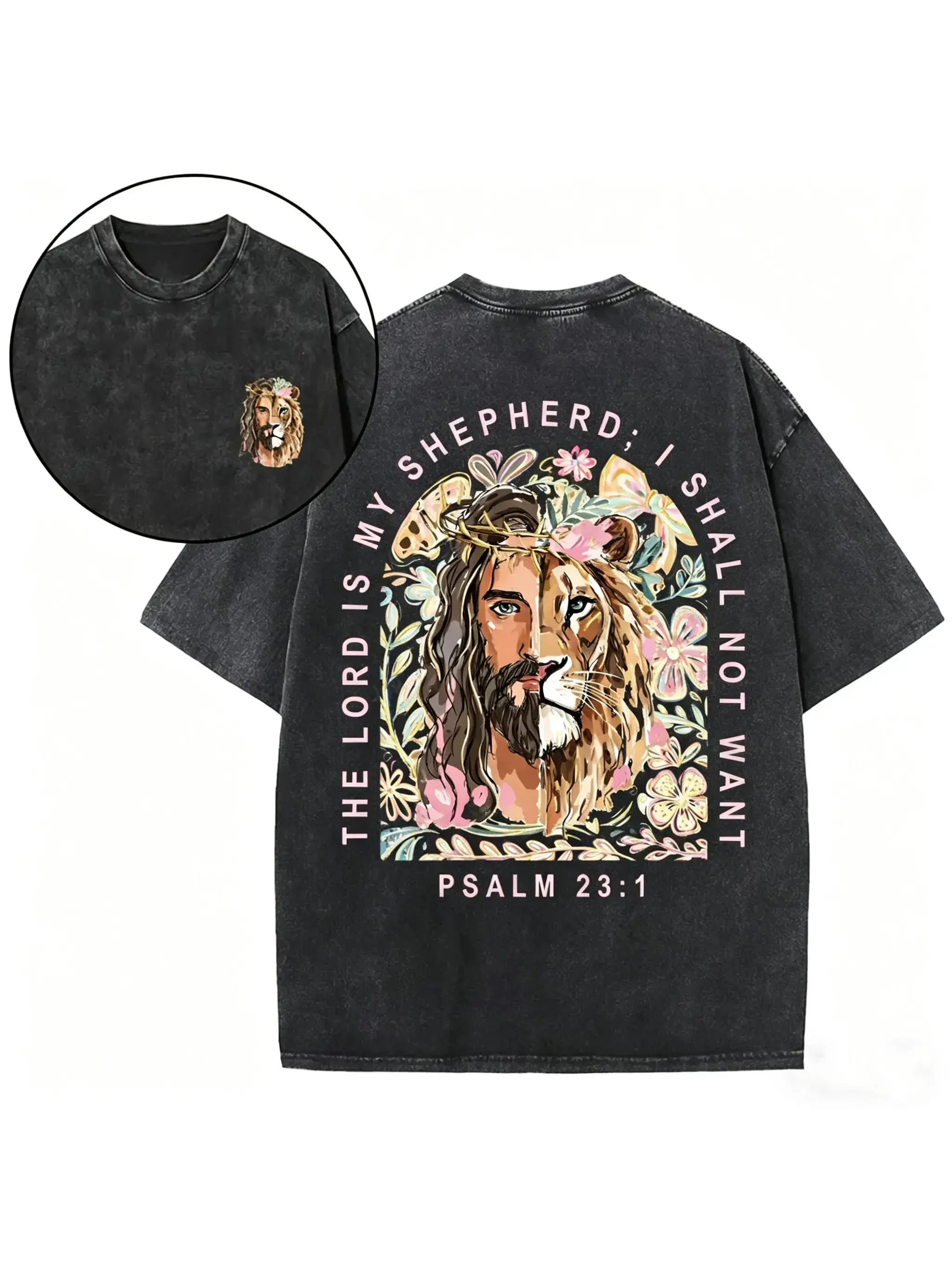 Men's Streetwear Vintage Washed Cotton Crew Neck Short-Sleeve T-Shirt - Unisex, Psalm 23:1 Double-Sided Print, Lord Is My Shepherd, Lion Jesus, Floral Print, Oversized Relaxed Fit, Multi-Size S-3XL, Machine Washable Retro Religious Tops