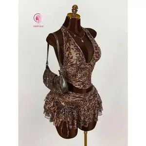 Women's Halter Backless Leopard Print Tank Top And Fashionable Low Waist Skirt Set Clothes Fit(Sheets)