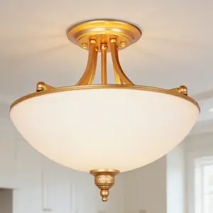 17.7 Inch Gold Vintage Semi Flush Mount Ceiling Light, Classic White Glass Chandeliers, for Living Room Entryway Bedroom, Includes 4 Warm Light Bulbs