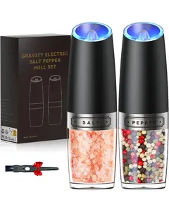 Gravity Electric Salt and Pepper Grinder Set with LED Light, BATTERY POWERED Adjustable Coarseness One Hand Operation, Larger Capacity