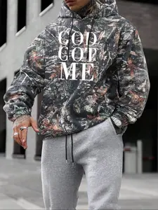 Men's Camouflage Print Hoodie and Sweatshirt, Regular Fit Casual Graphic Letter Print Long Sleeve Hooded for Fall & Winter, Men's Top for Daily Wear