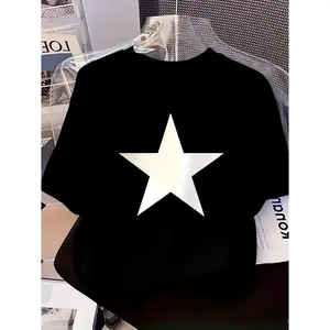 Womens Cotton Short Sleeve Graphic Tee Black And White Star Print Casual Crewneck Summer Streetwear Top For Everyday Outfits Travel And Weekend Wear