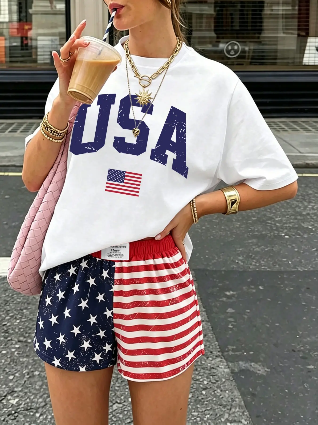 Y2K Women's Retro Flag Letter Printed Loose Round Neck T-shirt+American Flag Shorts Set - A casual summer street style outfit suitable for daily leisure, sports and fitness, patriotic themed festivals, Independence Day wear Matching Clothing Set